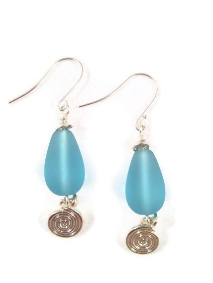 Earrings, Blue Sea Glass, Tear Drop Shaped Blue Beach Glass with Silver Spiral Charm - designsbydawnrene