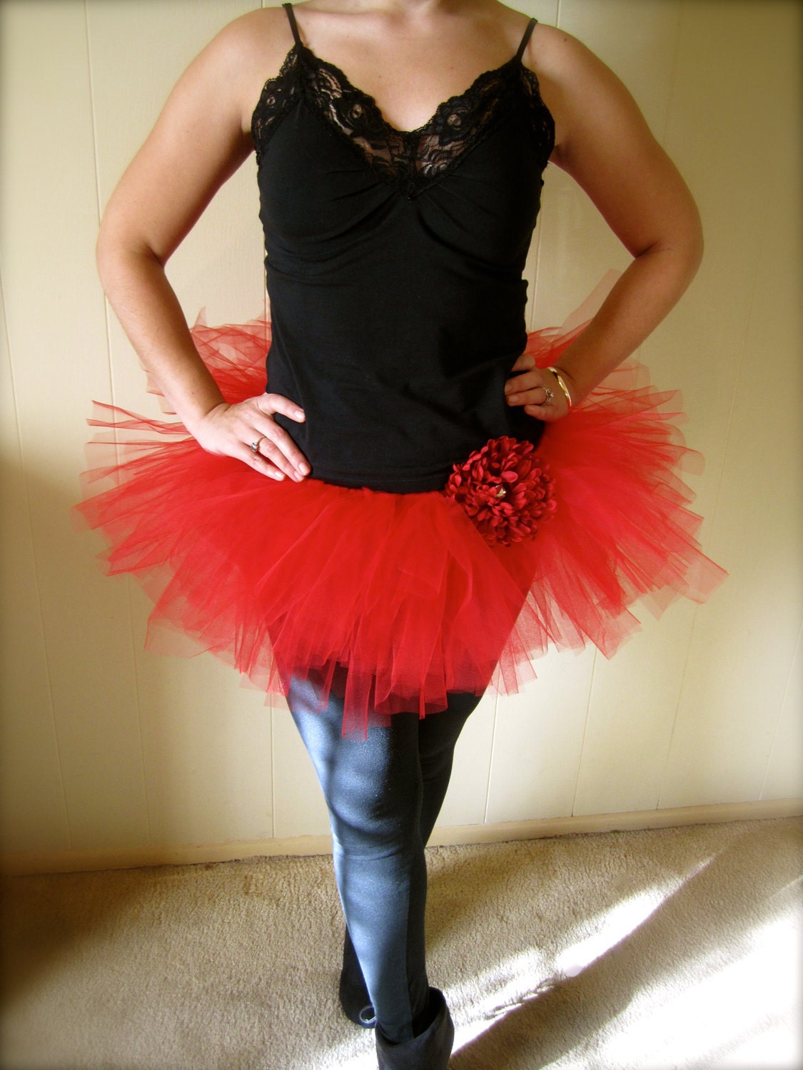 Red Tutu with Red Flower. Adult Ladies's Tutu. Tutu for Adults and teens. Rave tutu. Sexy tutus for women. Short tutus.