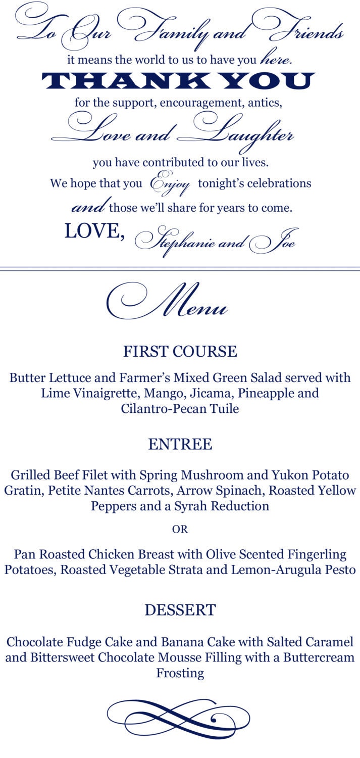 Custom Printable Wedding Menu with Thank You Message