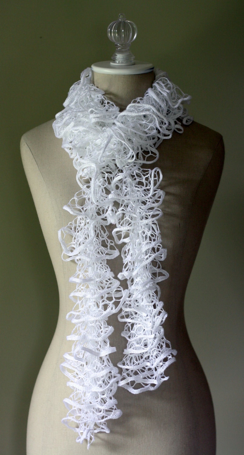White Rose Knit Scarf - Hand Knit Spiral Lace Ruffle Scarf