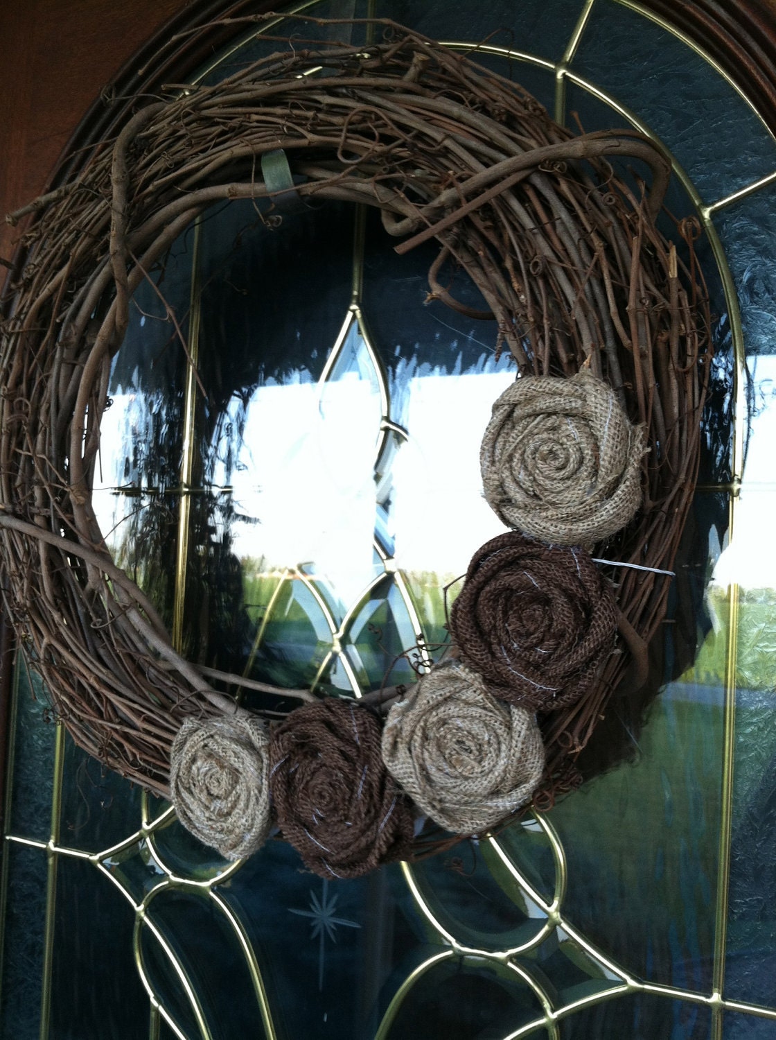 Burlap Wreath of Large Flowers, Removable Attachment in Natural and Brown