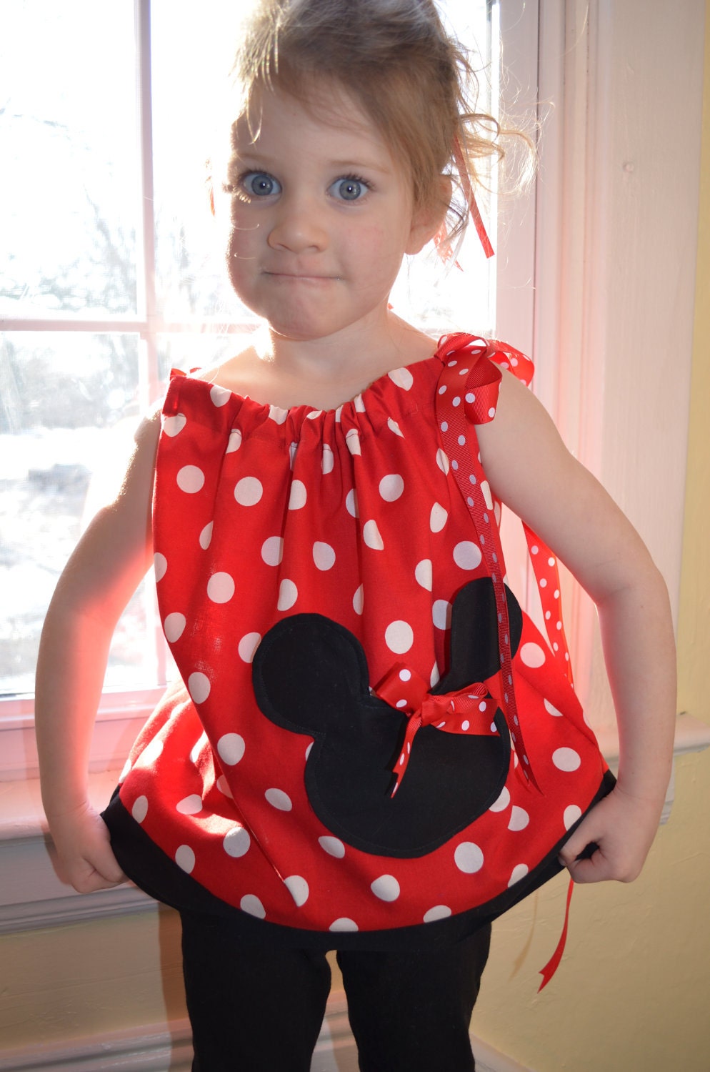 Minnie Mouse Dress, Pillowcase Dress or Top with Matching Ponytail streamers or Hair Bow.