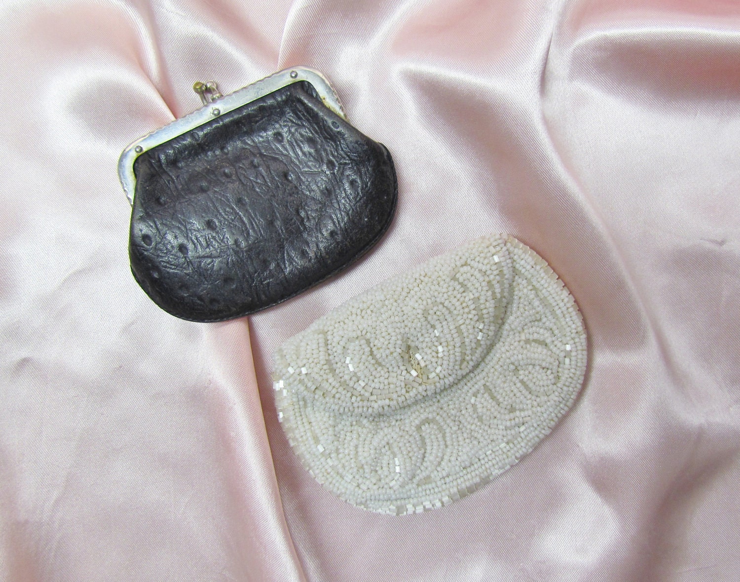 Vintage change purses - beaded 1920's purse and early 1900's ostrich leather purse