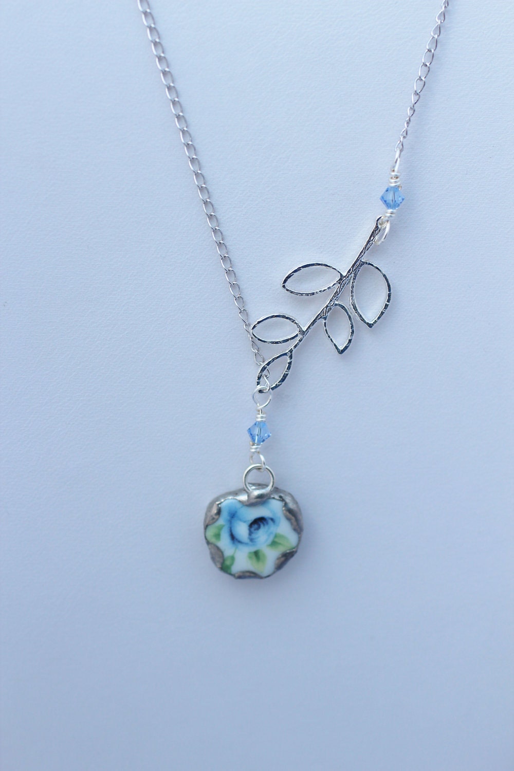 Broken China Jewelry Lariat Pendant Necklace Blue Rose Sterling Silver Chain Included