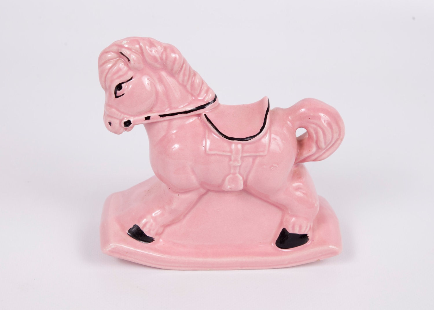 Vintage Pink Horse Planter Rocking Horse Wall Hanger Ceramic Cotton Ball Holder Trinket Holder Baby Room Decor