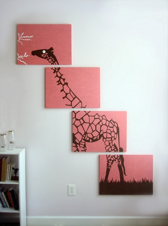 Giraffe Painting - Pink Giraffe Art - Nursery Art - Brown White - Zoo Animal Silhouette - Safari Wall Art 18 x 24 (Set of 4)