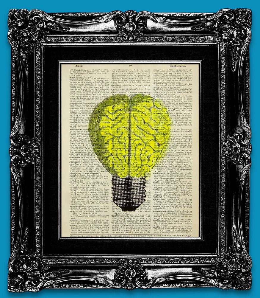 Light Bulb Art Print, Acrylic Painting, Retro Art Print, Retro Print, Upcycled Vintage Dictionary Art Print Book Page Art Print - Brainstorm