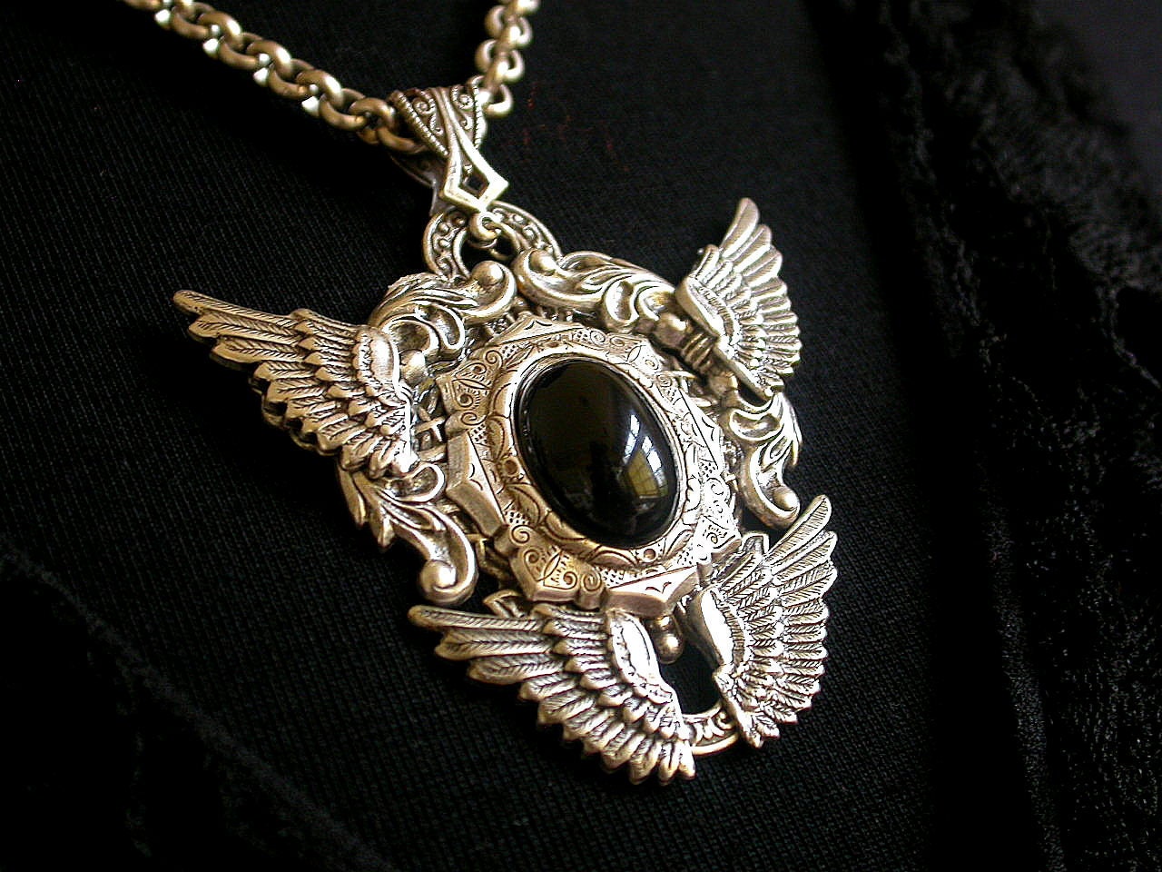 Gothic Silver Double Wings Pendant  - Black Onyx Gemstone - Fantasy Gothic Jewelry - Wings Necklace