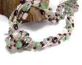 Multistrand Gemstone Necklace, Rose Quartz  and Green Aventurine Gemstone Chakra Necklace