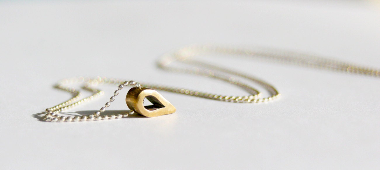 Sterling silver pendant necklace. Handmade bronze charm. 0.8mm ball chain. Long, delicate, simple, chain necklace