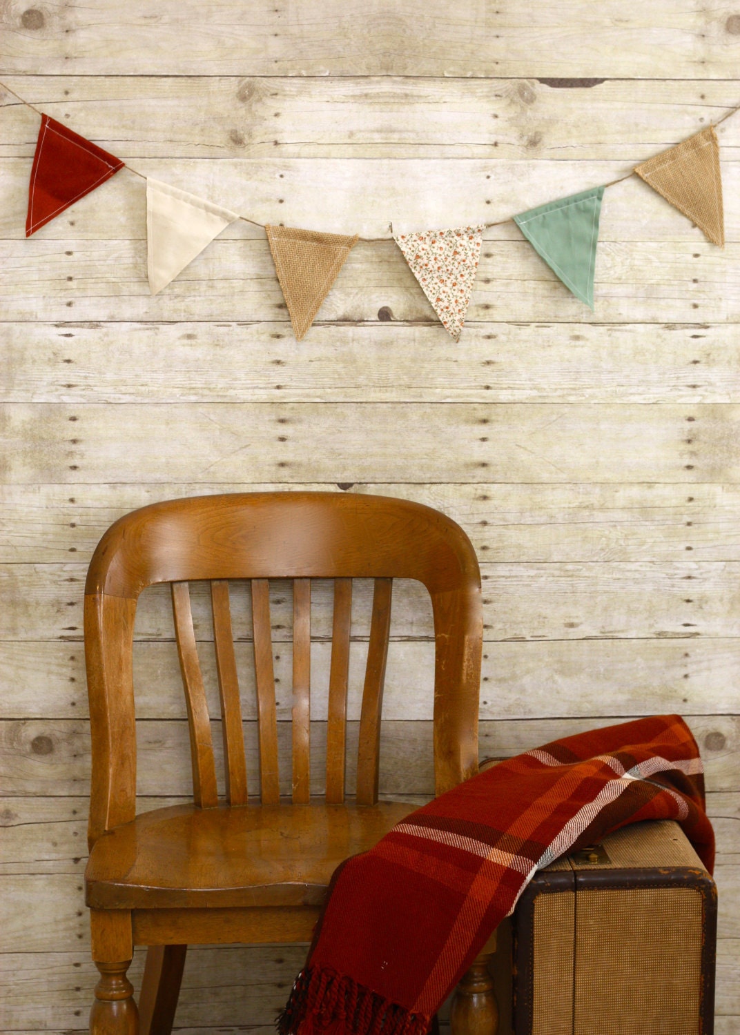 Vintage Double-Sided Fabric Burlap Twine Bunting Flag Banner (5 Ft.) Neutral Colors.