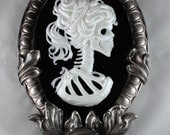 Gothic Victorian Lady Skeleton Cameo in silver tone frame - black light reactive