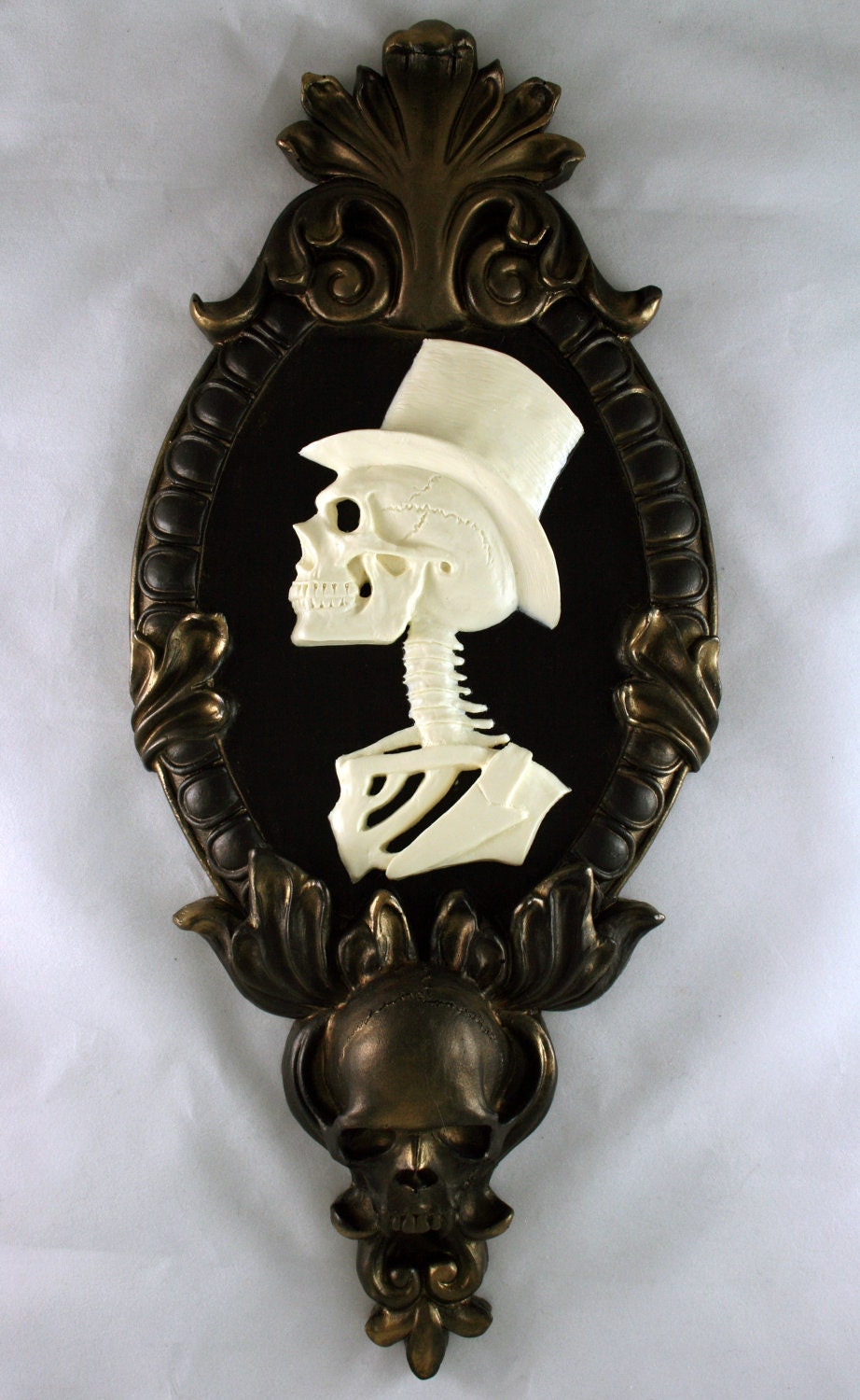 Gothic Victorian Gentleman Skeleton Cameo bone white in gold tone frame Wall Art