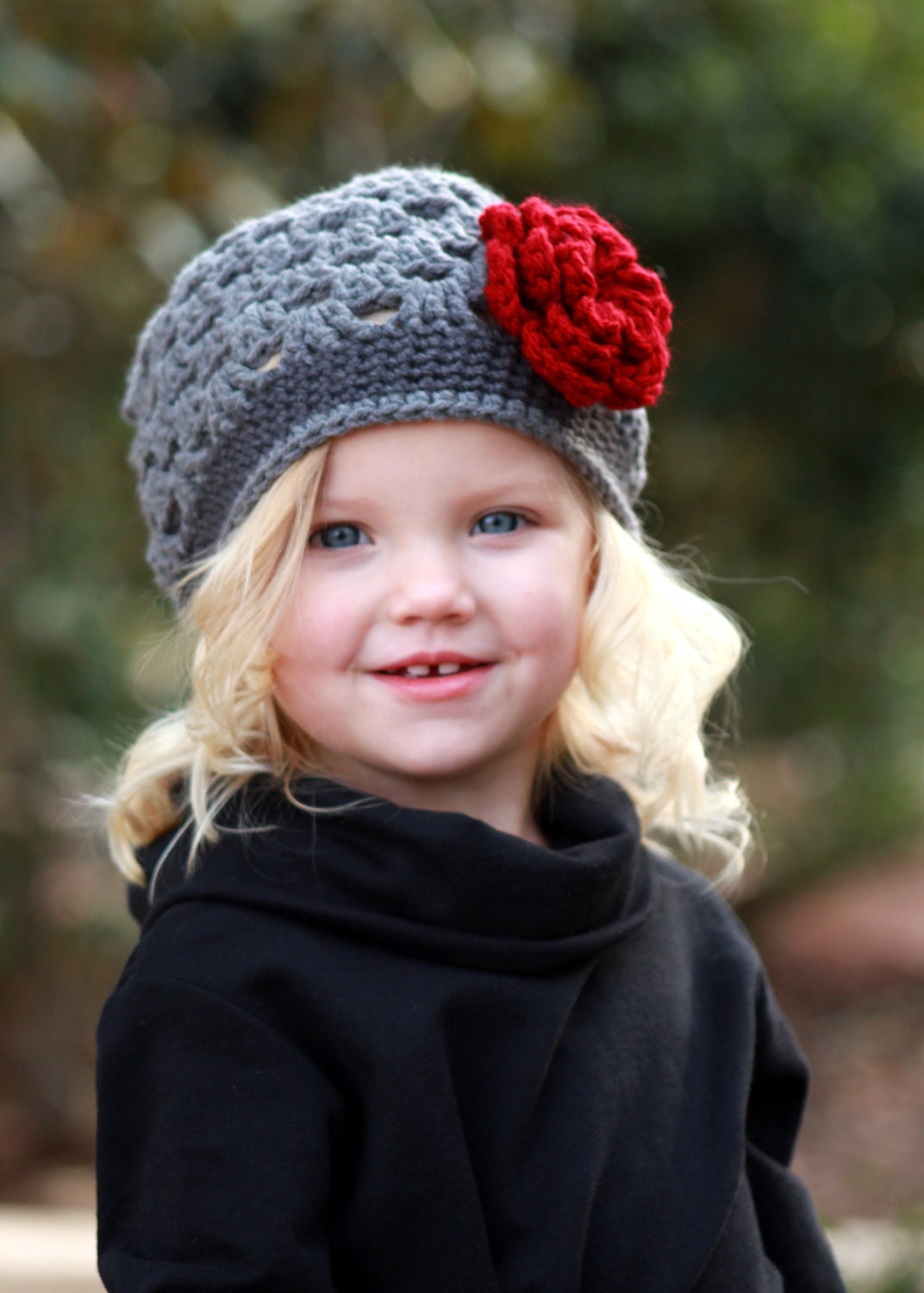 Girls Gray and Red Crochet Flower Beanie -  Baby Toddler Children - Fall Winter Hat
