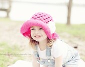Girls Crochet Sun Hat - Hot Pink and White Flower Summer Cotton Hat