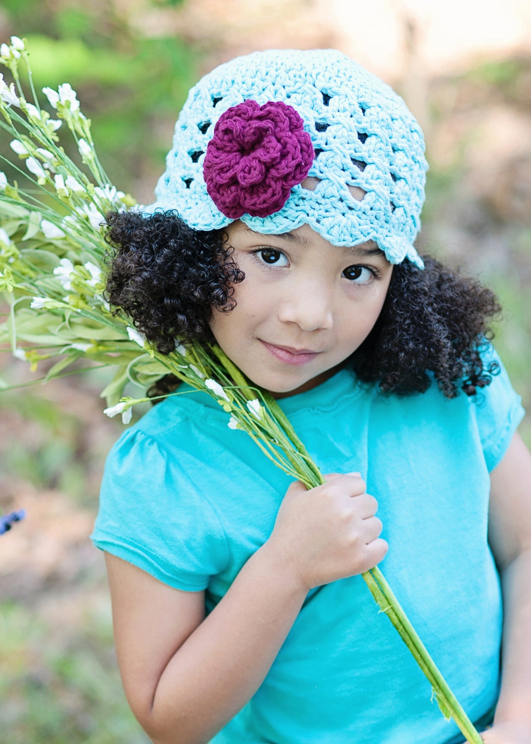 Girls Crochet Scalloped Beanie - Light Aqua and Purple Flower - Spring Hat