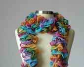 Knitting ruffle scarf, Rainbow handmade neckwarmer autumn women accessories, winter, fall autumn fashion, Valentine's day gift idea
