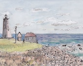 Point Judith Lighthouse with walking man by the beach, Fine art print 8.5x11 of landscape painting
