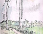 Original fine art framed watercolor landscape painting titled Arise Massive Wind Turbines 10.5x11.5