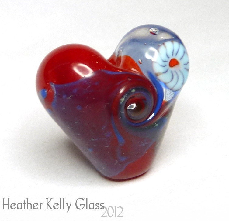 Red & Blue Patchwork Heart focal bead - lampwork art glass - GBUK SRA FHFteam