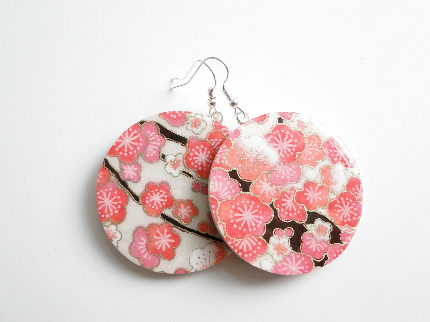 Red Earrings Japanese Paper and Wood Large Dangles