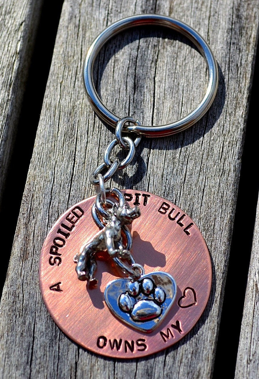 A Spoiled Pit Bull Owns My Heart Handstamped Keychain