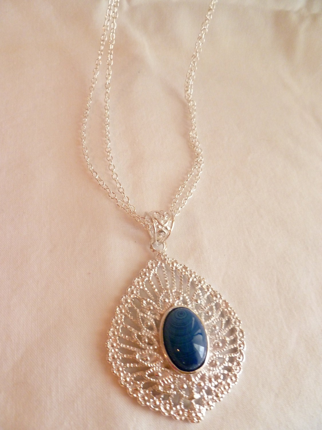 Silver Filigree Necklace with Blue Stone