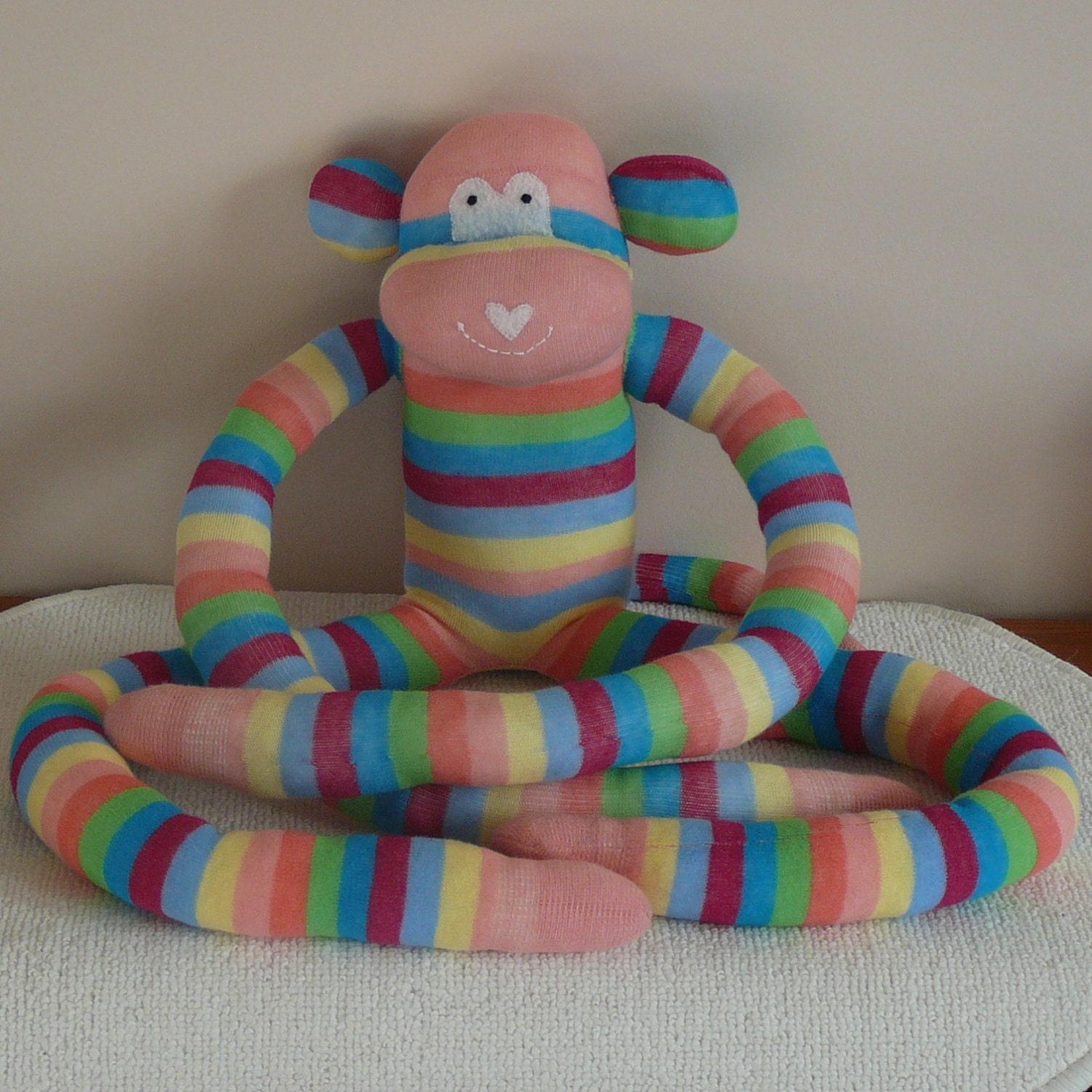Plush Sock Animal -Bertha, CE, toy, Plush animal,sock animal,sock doll,stuffed animal,sock creature,children,animal,uk,monkey,stripe,rainbow
