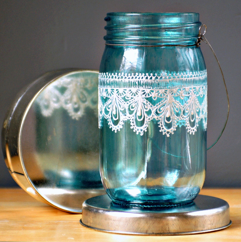 Hand Painted Mason Jar Moroccan Lantern -Ocean Blue Glass with Pearl White Embellishment