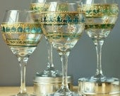 Four Handpainted, Moroccan Inspired Wine Glasses with Green Glass Details and Golden Accents