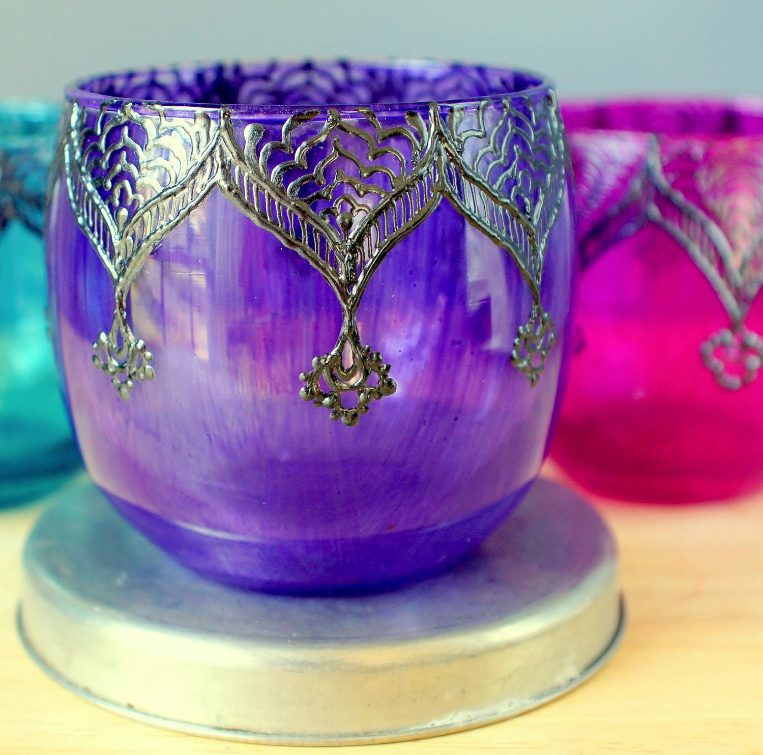 Gypsy Inspired, Henna Designed Purple Glass Votive Holder or Table Decor