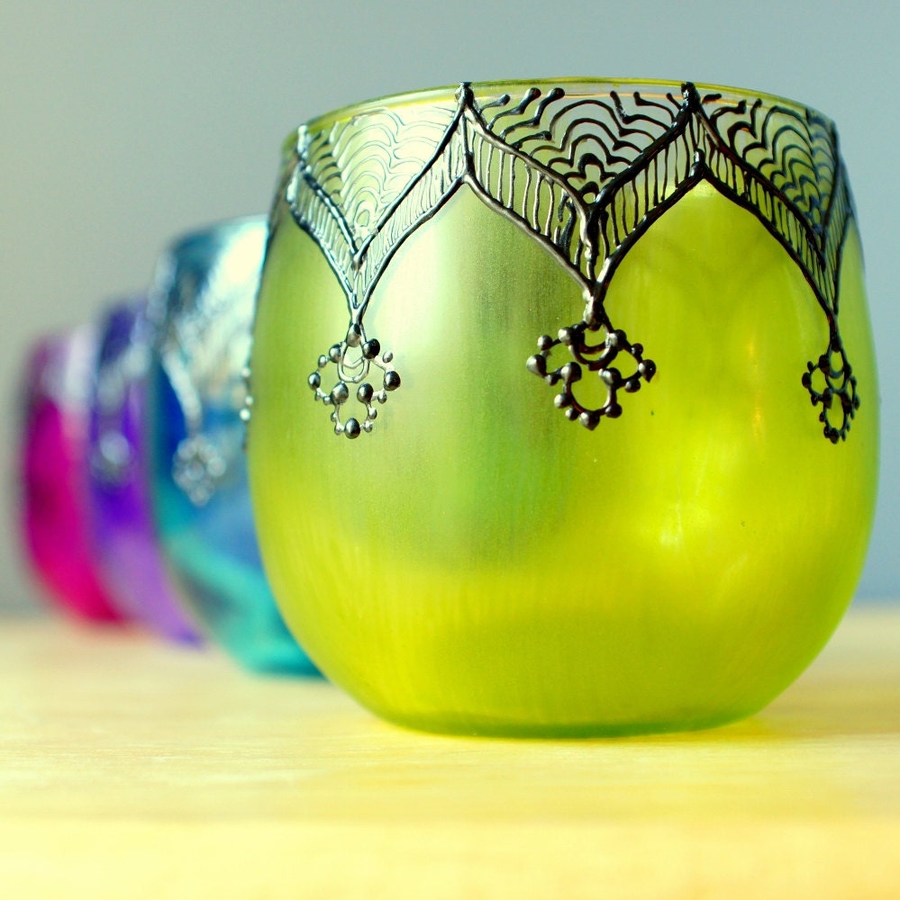 Moroccan Votive Holder with Canary Yellow Glass and Gunmetal Detailing