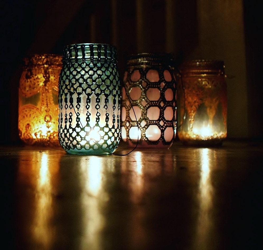 Custom Designed Blue Glass Mason Jar Lantern With Gunmetal Accents