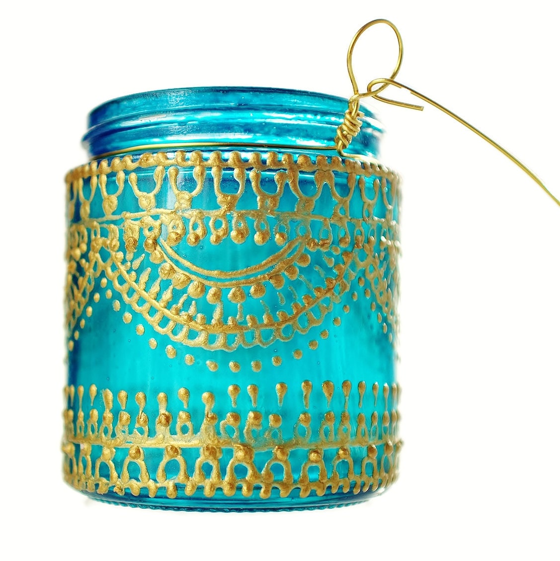 Moroccan Lantern Hanging Jar Candle Holder with Teal Glass and Golden Detailing