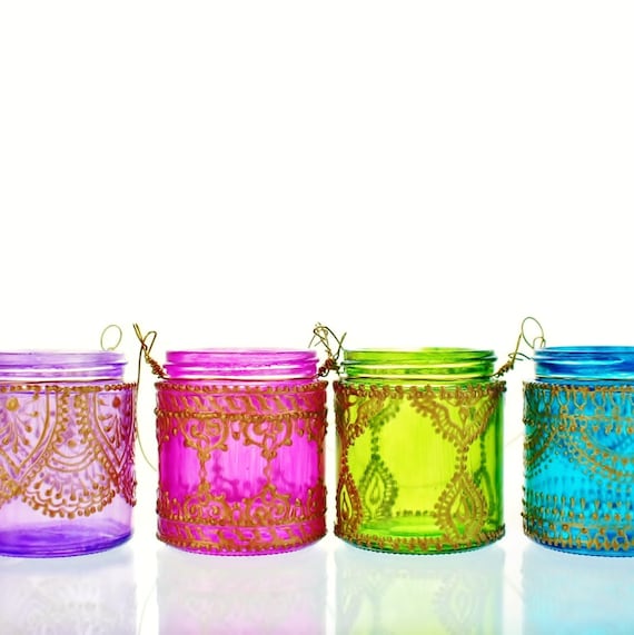 Set of Four Moroccan Lantern Votive Holders- In Fuschia, Purple, Turquoise, and Green Glass with Golden Details