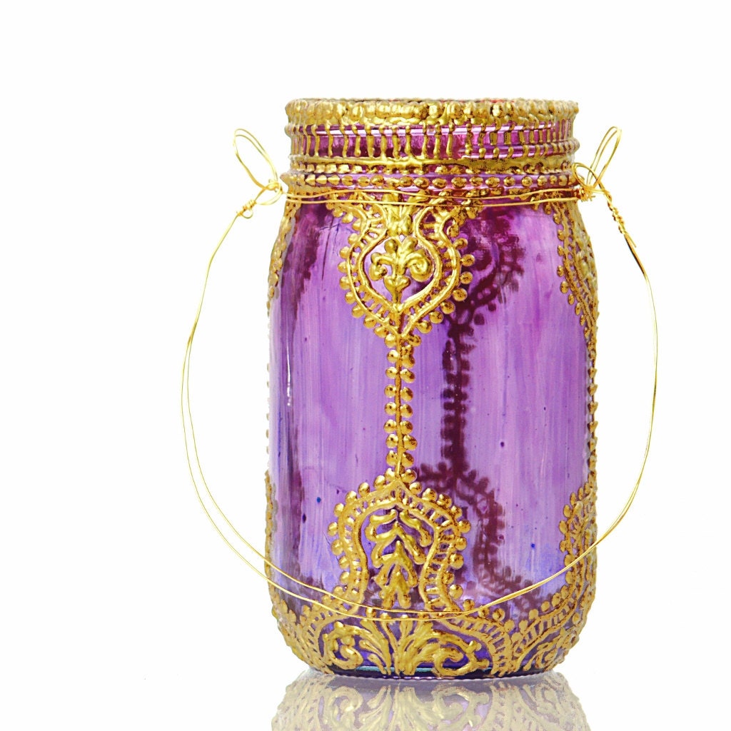 Hand Painted Mason Jar Lantern, Violet Glass with Gold Accents