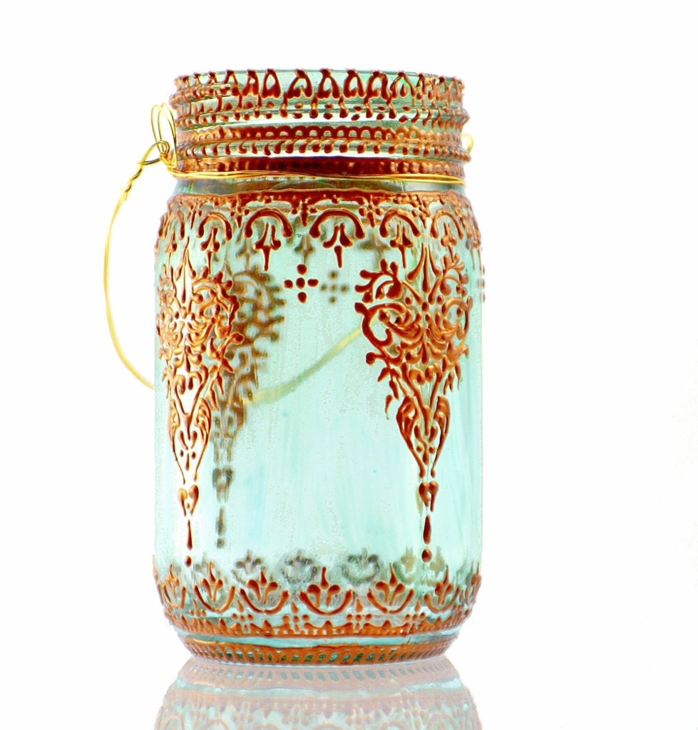 Aqua Mason Jar Lantern with Moroccan Styled Copper Detailing