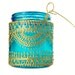 Moroccan Lantern Hanging Jar Candle Holder with Teal Glass and Golden Detailing
