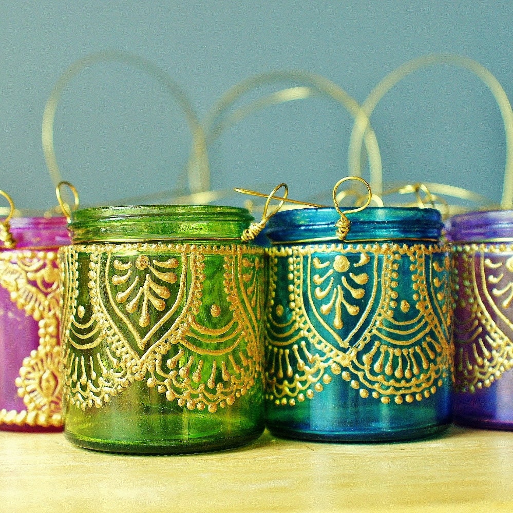 Set of Four Moroccan Lantern Votive Holders- In Fuschia, Purple, Turquoise, and Green Glass with Golden Details