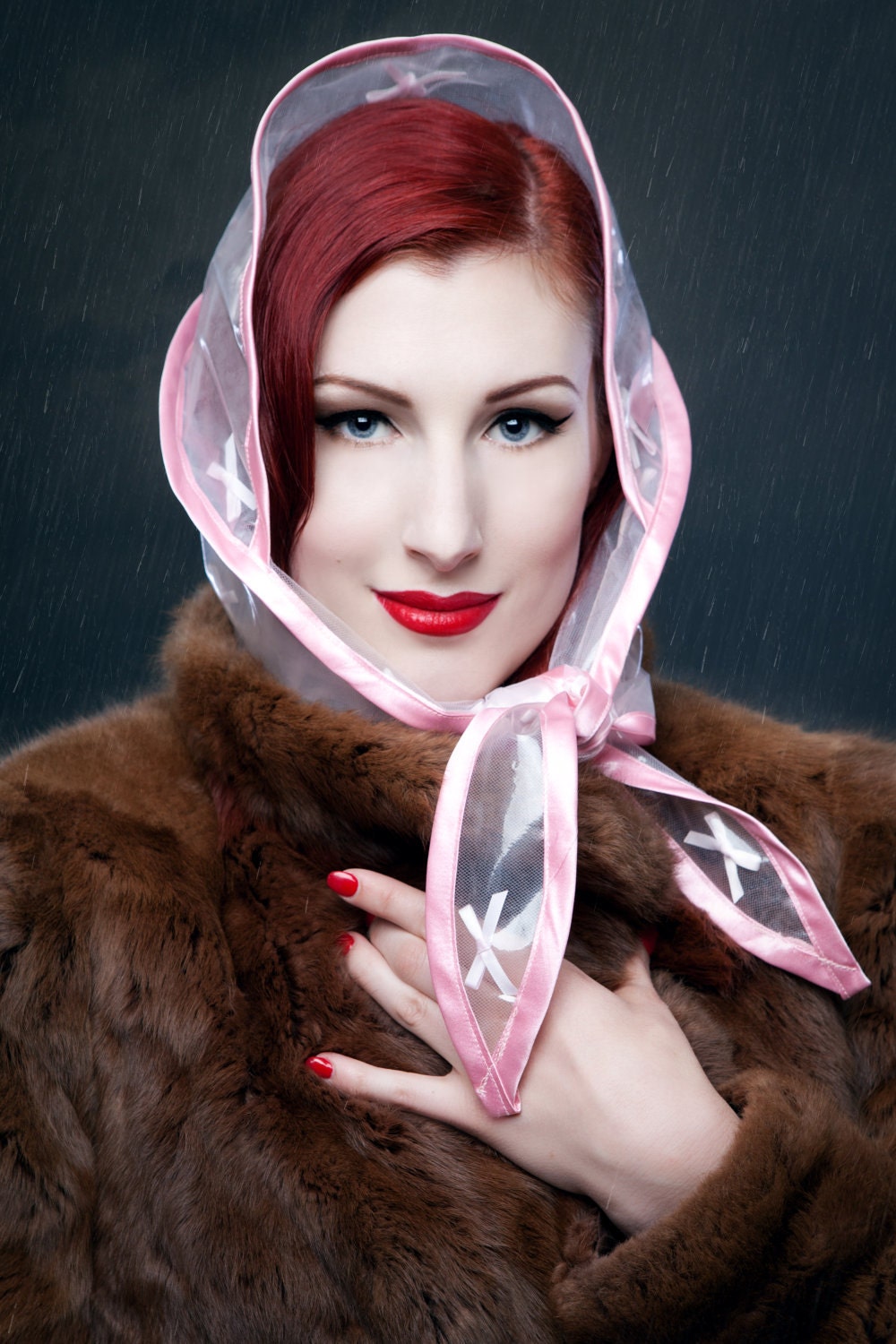 Marilyn Rain Bonnet in Powder Pink and Black, plastic hood with tiny bows stitched onto tulle