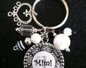 PERSONALIZED Number 1 Mimi or Mother Black & White Damask Bezel Pendant Beaded Keychain with Heart Charm