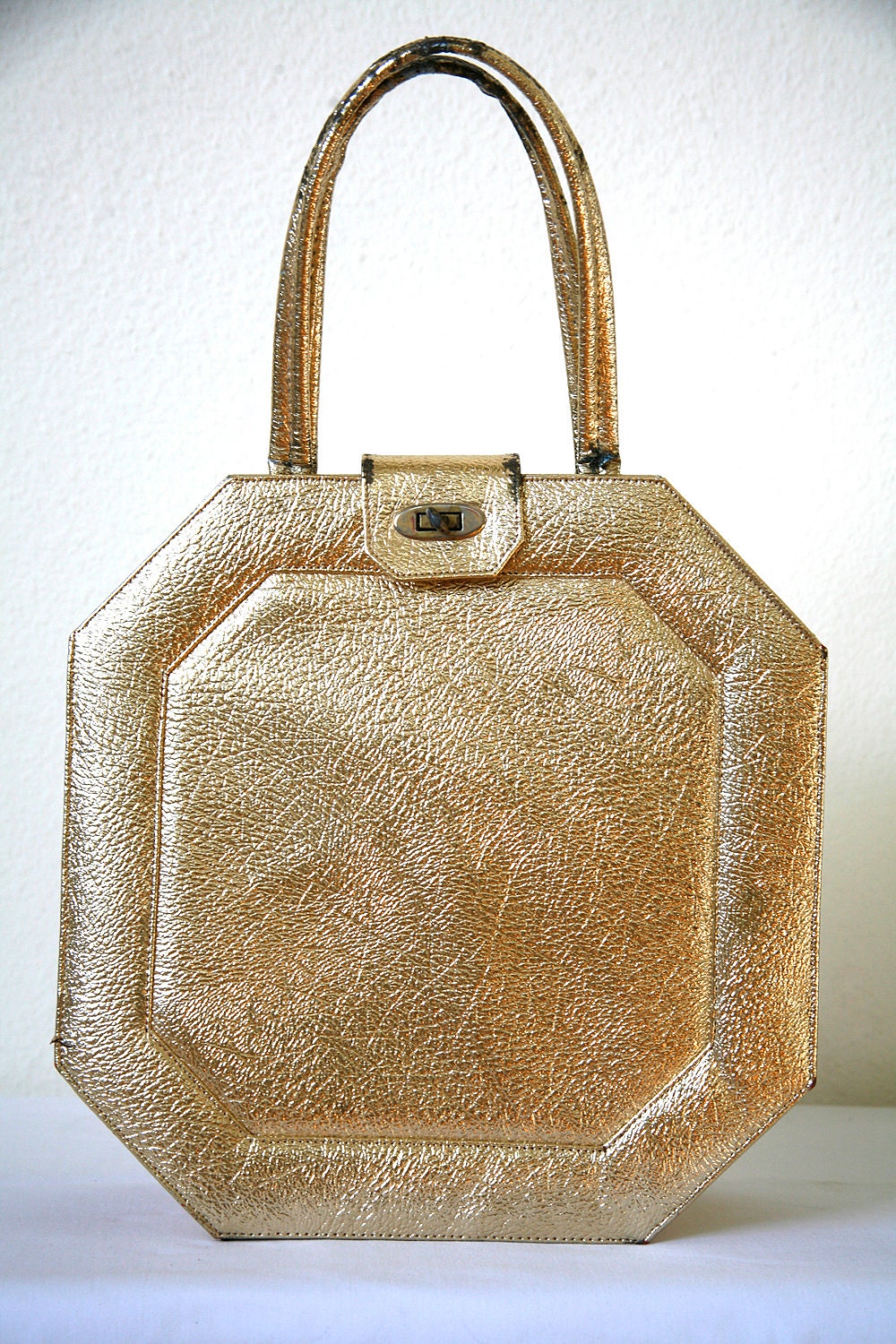 Vintage 60s Large Box Purse Mod Gold Lamé Octagon Large Handbag