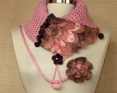 Hand Knit Scarf Crochet  Pink Brown Chunky Cowl Neck Warmer Colorful Crocodile Scarf Fall Winter Accessories