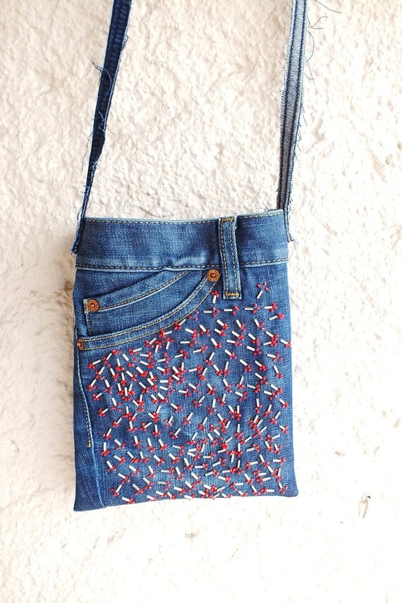 Embroidered Cross Body Bag,with Beads, Recycled Denim Jeans