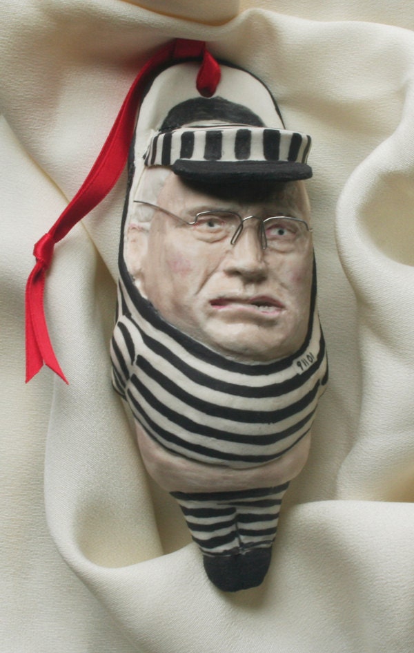 Swingin Dick Cheney Ceramic Porcelain Ornament with teeny Gold Luster Handcuffs