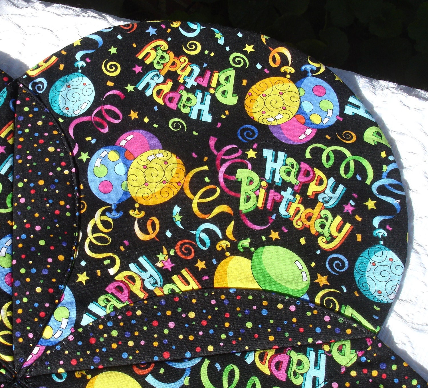 Birthday Quilt Table Top Runner Centerpiece  Black  Yellow  Blue  Pink  Confetti Party Balloons