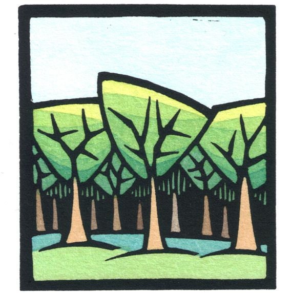 Original Linocut of Forest By Ken Swanson