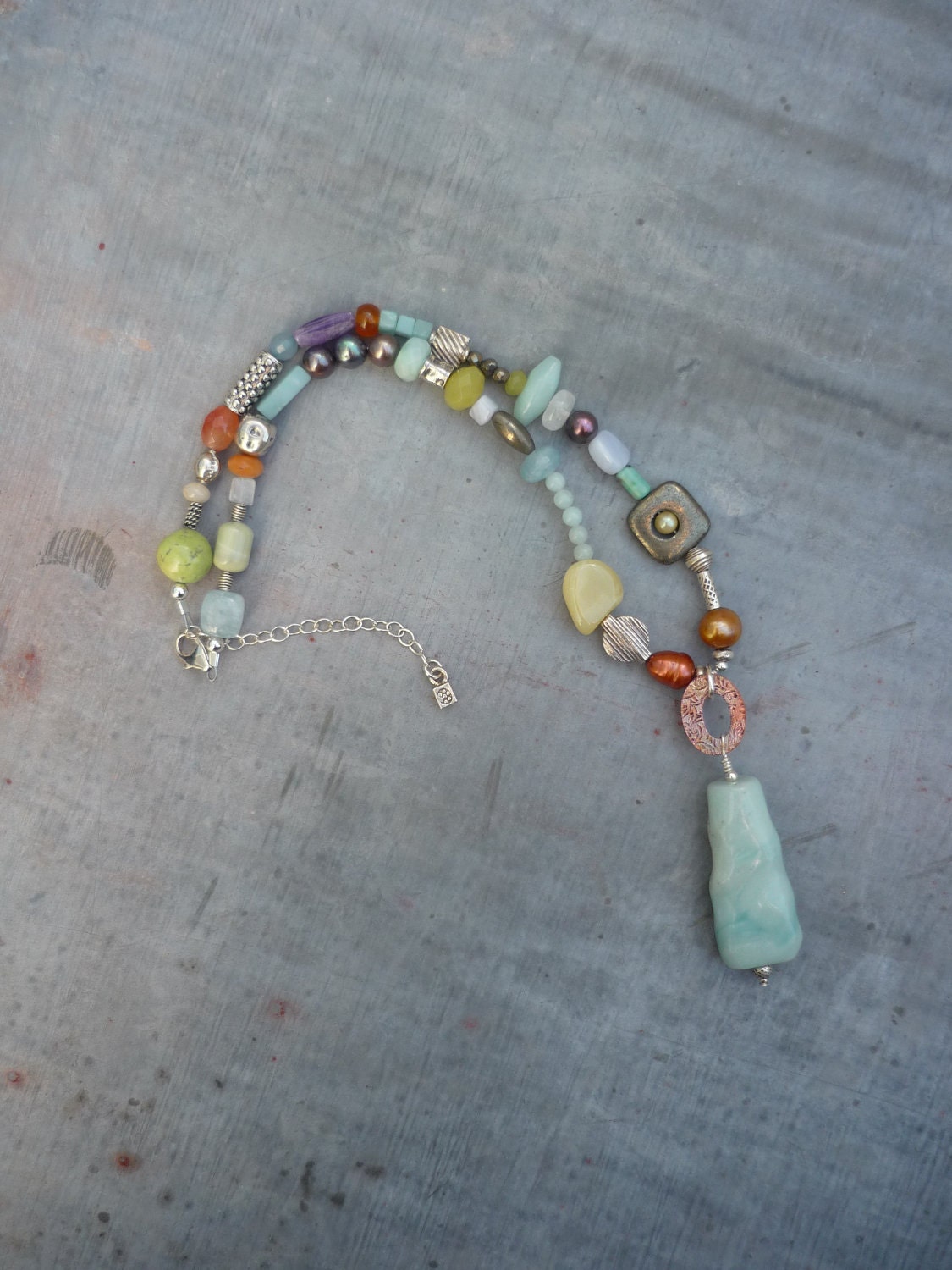 Artisan, Asymmetrical Necklace, Handcrafted with Sterling Silver, Copper, Amazonite, Pearls and Multi Gemstones