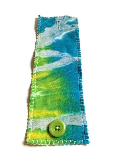 Upcycled Tshirt Wrist Cuff/Bracelet w/ Button - Green & Blue Tie Dye Cotton Fiber - Spring Earth Day EcoFriendly