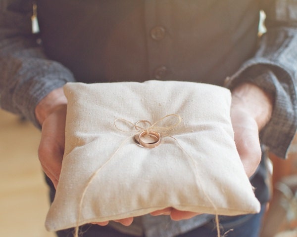 Linen Ring Bearer Pillow with Manzanita Wood Button and Jute for Wedding Ceremonies